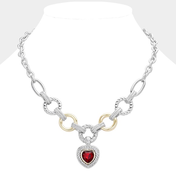 Heart Stone Pointed Pendant 2-Tone Textured Link Necklace - Picture 1 of 2